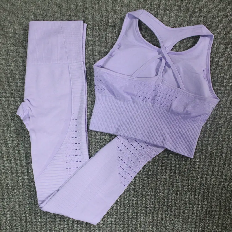 Violet Set Комплект из 2 предметов для йоги, спортивный бюстгальтер без косточек, женские бесшовные леггинсы с высокой талией, спортивный костюм пуш-ап, костюм для фитнеса для тренировки - Цвет: Violet Set