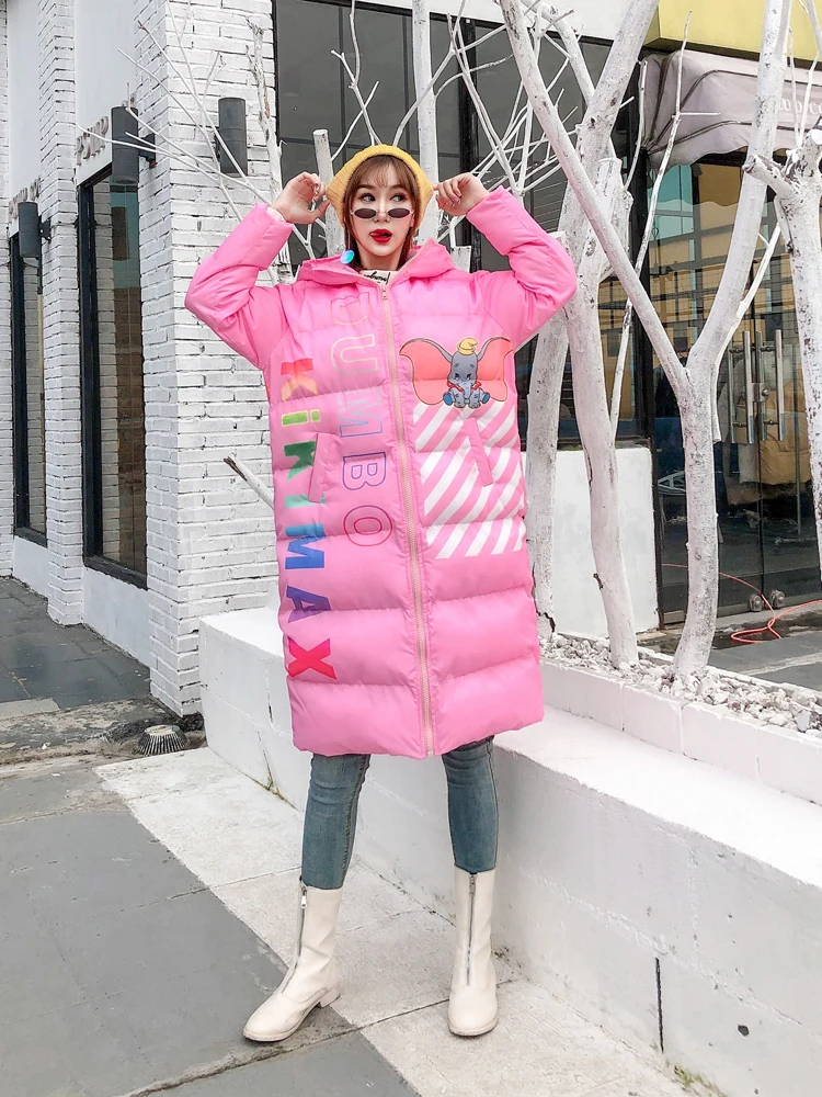 Горячая Распродажа, милое длинное женское хлопковое Пальто С Рисунком Слона г. Зимняя свободная розовая куртка с капюшоном и буквенным принтом в Корейском стиле