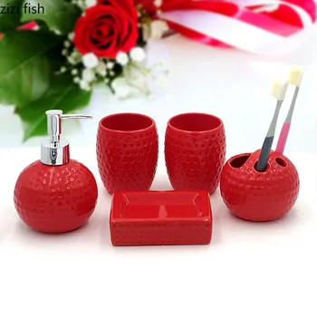 

New Bathroom Set Ceramics Shampoo Bottle Foaming Soap Pump Bottle Toothbrush Cup Soap Dish Solid Color Golf Surface Couple Suit
