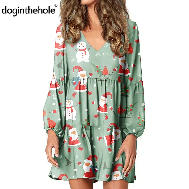 

Doginthehole Loose Style Swing Dress For Women 2020 Fashion New V-Neck Pleated Tunic Tops Teen Girls Casual Streetwear