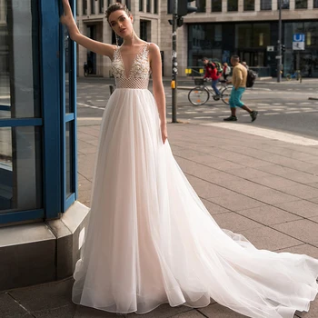 

Eightree Charming V-Neck Backless A-Line Wedding Dresses 2020 Luxury Appliques Beaded Bohemian Bride Gown Plus Vestido De Noiva