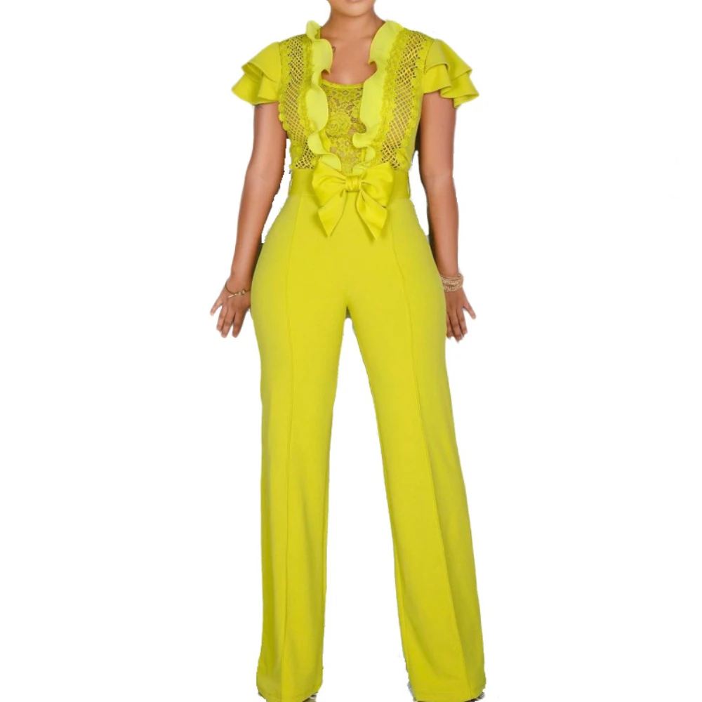 

Plus Size 2019 Women Sexy Mesh Lace Patchwork Ruffles Bodycon Slim Bodysuit Jumpsuit Wide Leg Pants