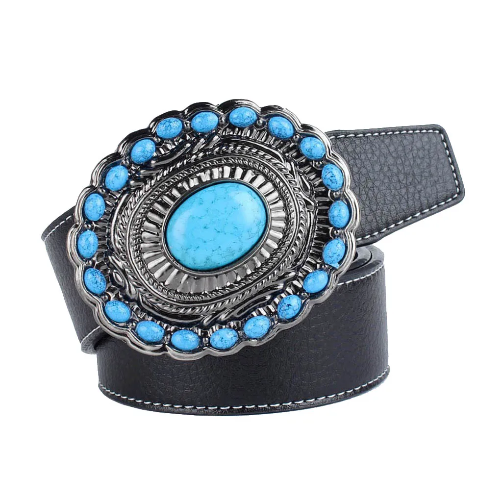 Bohemian Western Cowboy PU Leather Strap Belt Gemstone Buckle Belt