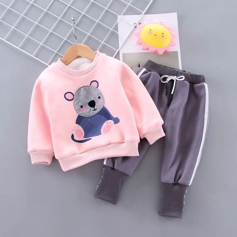 IENENS/комплект одежды для маленьких девочек, детские зимние теплые парки, комплект одежды детский мультяшный медведь, толстовка+ штаны, одежда для детей 1-4 лет - Цвет: Pink