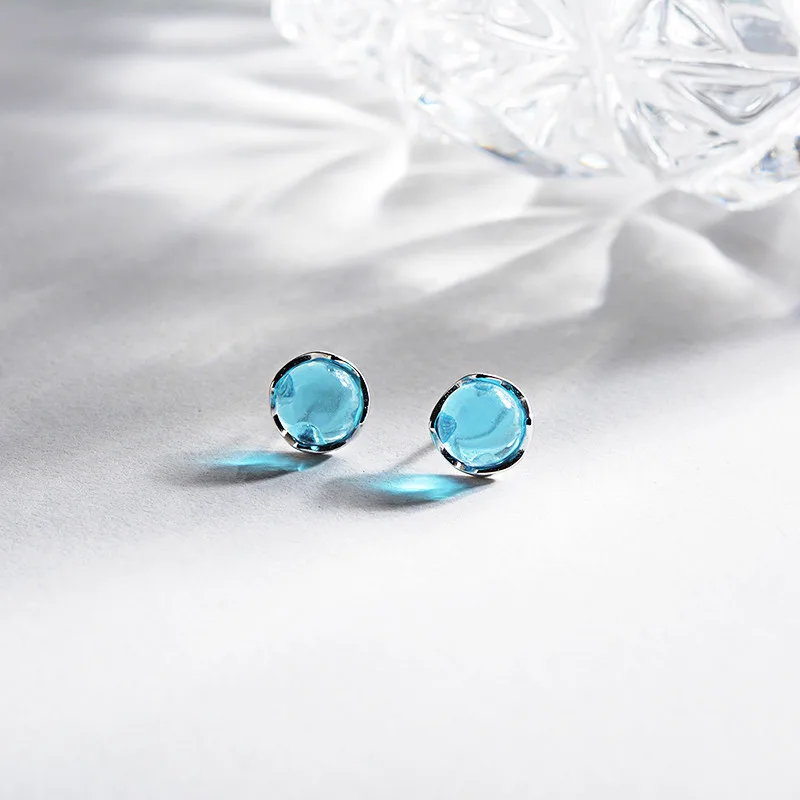 Jellystory Round Blue Crystal Stud Earrings for Women 925 Sterling Silver Fashion Jewellery Wedding Party Gift Wholesale Earring