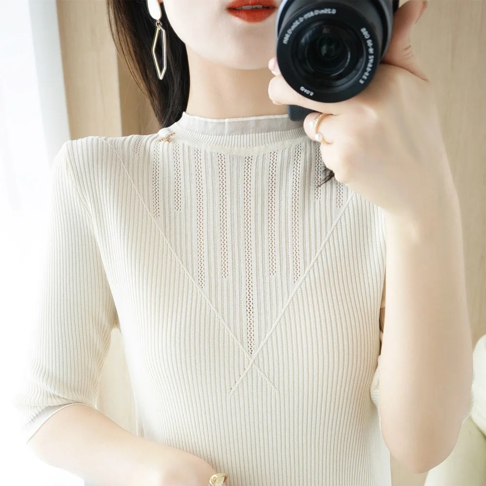 

Elegant 2021 Ice silk women's half-sleeved summer dress new round neck thin cut-out T-shirt women's self-cultivation