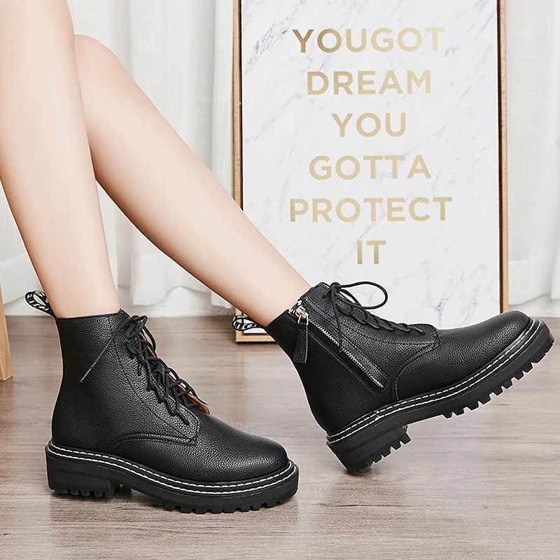 

Winter Boots for Women PU Leather Warm Plush Ankle Boots Patchwork Motorcycle Boots Zipper Rubber Boots Lace-Up Female Shoes