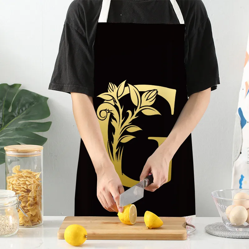 Letter Apron for Women Cotton Linen Bibs Household Cleaning Pinafore Black Golden Flower Kitchen Aprons Home Cooking Kid Aprons