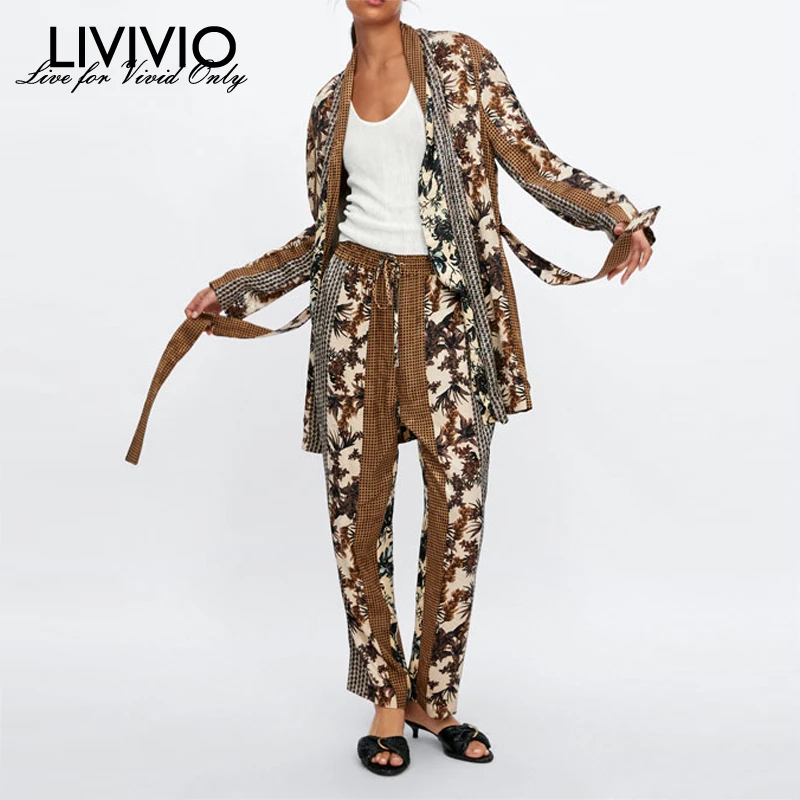 

[LIVIVIO] Print Two Piece Set For Women Long Sleeve With Sashes Coat High Waist Hit Color Pants Suits Female 2019 Autumn Fashion