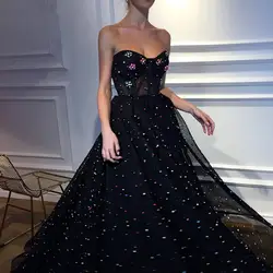 Черное платье для выпускного 2019 ТРАПЕЦИЕВИДНОЕ элегантное Тюлевое вечернее платье с жемчугом, Длинные вечерние платья для выпускного