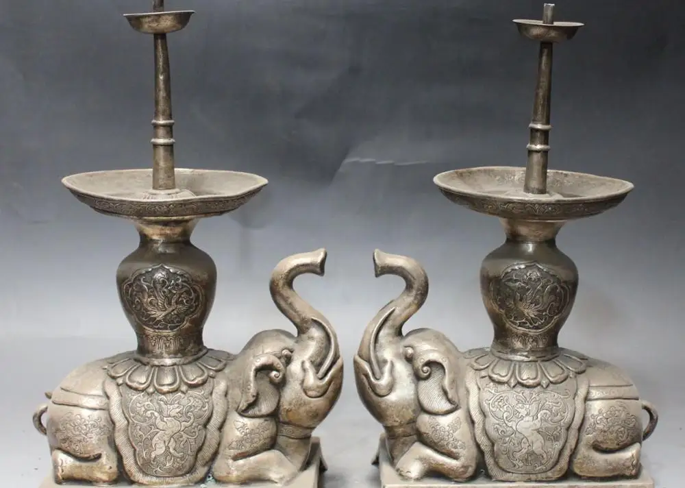 12&quot Tibet Silver Elephant Phoenix Beast Candle Holder Candlestick Statue Pair | Дом и сад