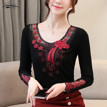 

2019 Autumn Tops New Long Sleeve Embroidery Solid Blouse Women Clothes OL O-neck Floral Women Shirt Chemisier Femme 7379 50