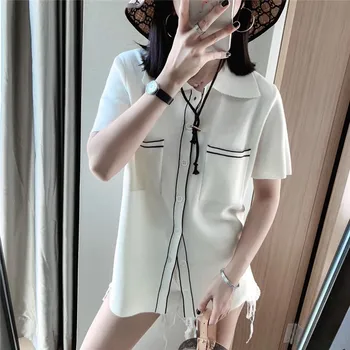 

2020 New Spring Women Sweater Casual Fashion Short Sleeve Pockets Cardigan Single Breasted Knitted Korean Elegant White Button