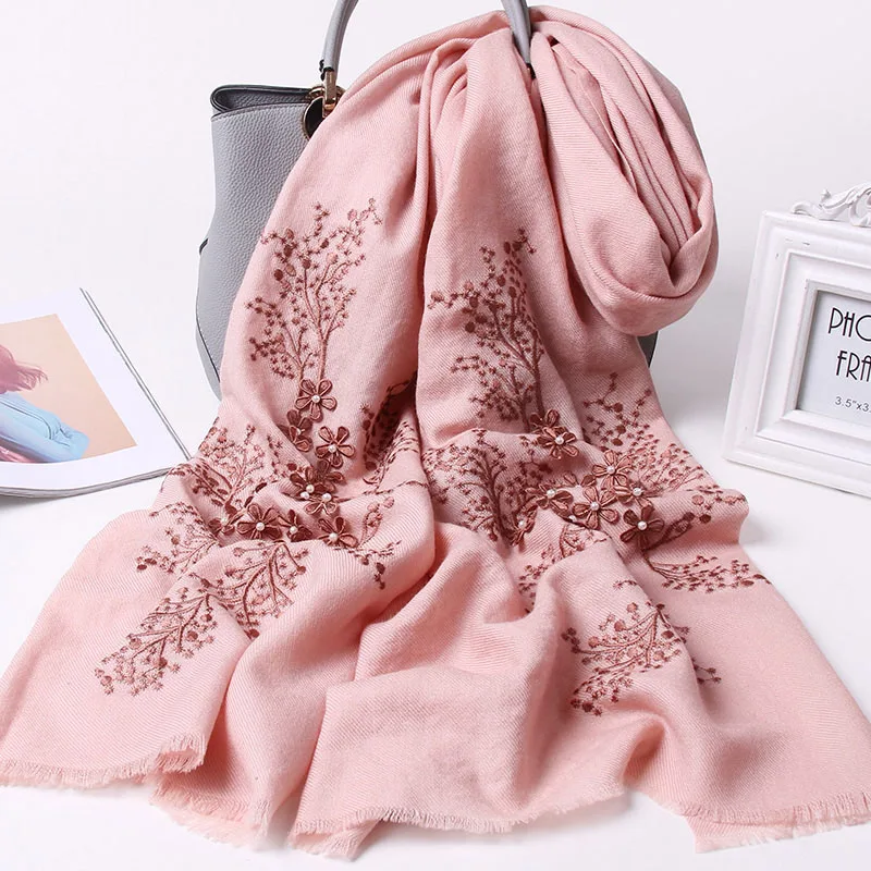 Pink Женские шерстяные шарфы, Роскошные шали и палантины для свадьбы, праздничная зимняя шаль пашимина, вышитый шерстяной шарф для невесты - Цвет: Pink