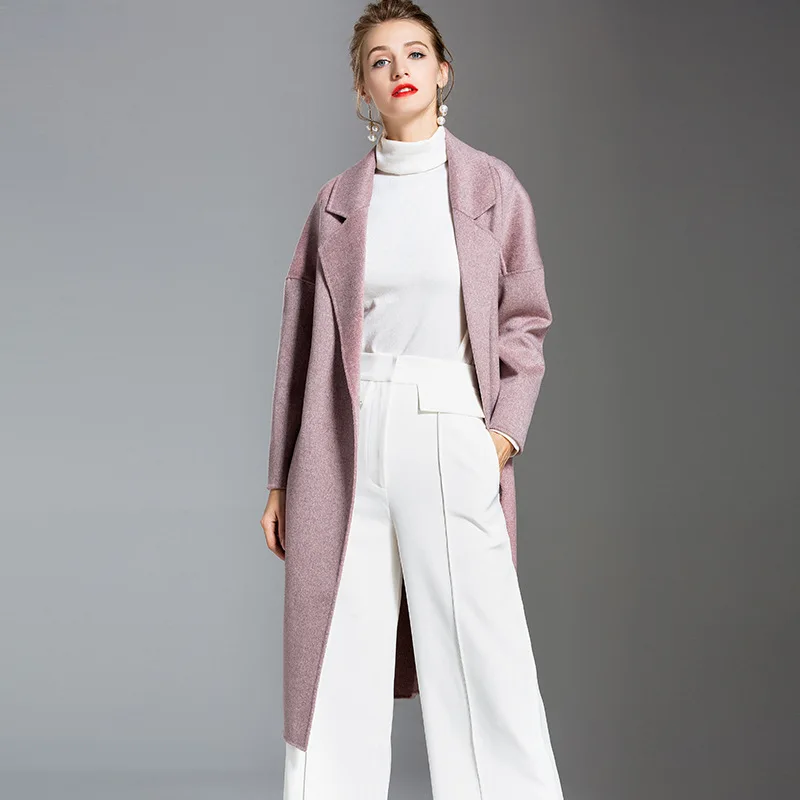 Высококачественное осеннее кашемировое пальто, теплое зимнее длинное пальто из альпаки, Женское шерстяное пальто, офисное женское тонкое пальто большого размера - Цвет: Pink Purple
