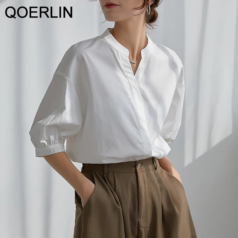 QOERLIN Half Lantern Sleeve White Shirts Ladies Fashion Loose Casual V-Neck Single-Breasted Blouse Basic Tops Buttons Up Shirts