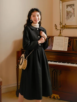 

2 Pcs Set 2020 new autumn and winter temperament Goddess Dress Retro Hepburn style black woolen two piece dress