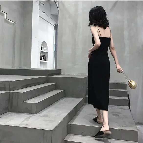 Dress Women Mid-calf Sexy Skinny Solid Color Strap Minimalist Shirring Elegant Chic High Slit Fashionable Inside Vintage Leisure wedding guest dresses