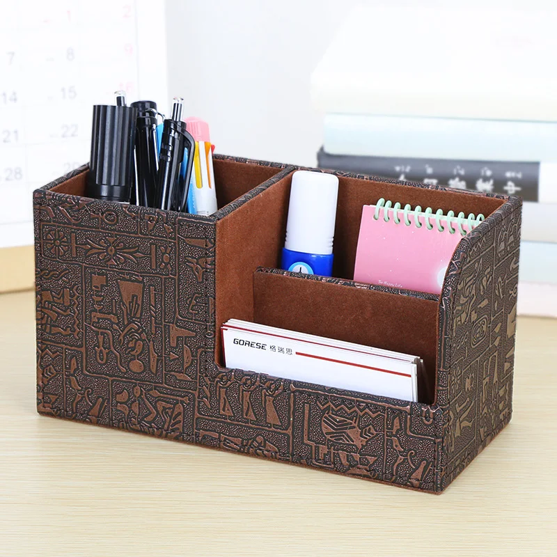

YIWUMART Simple Desktop Storage Box Wooden Structure PU Leather Pen/Pencil Holder Stationery Small Objects Finishing Organizer
