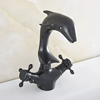 

Black Oil Rubbed Bronze Swivel Spout Dual Cross Handles Cute Animal Dolphin Style Bathroom Kitchen Sink Faucet Mixer Tap asf846