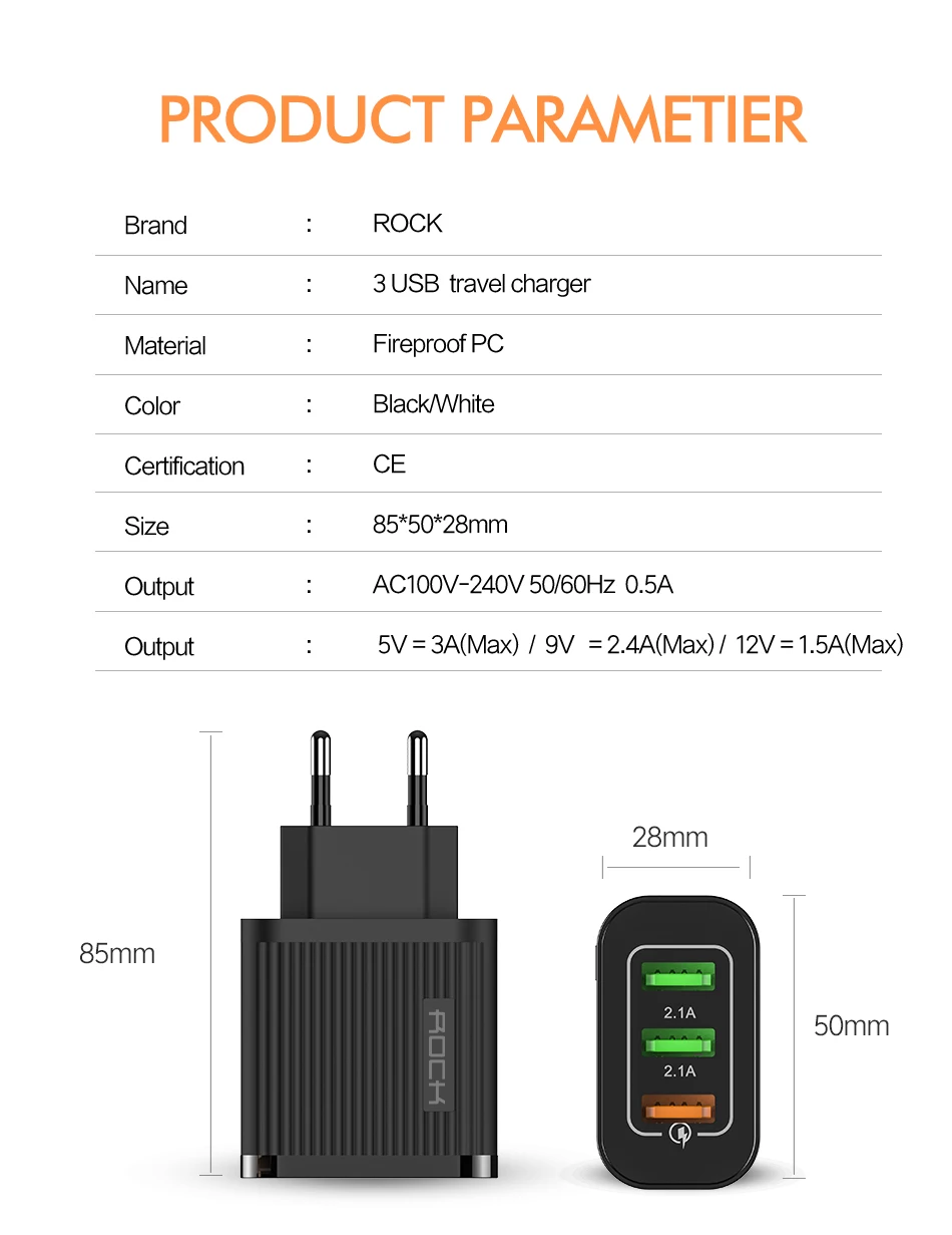 ROCK Quick Charge 3,0 зарядное устройство для телефона iPhone samsung Xiaomi QC 3,0 Супер быстрая зарядка настенное Путешествие USB зарядное устройство для мобильного телефона