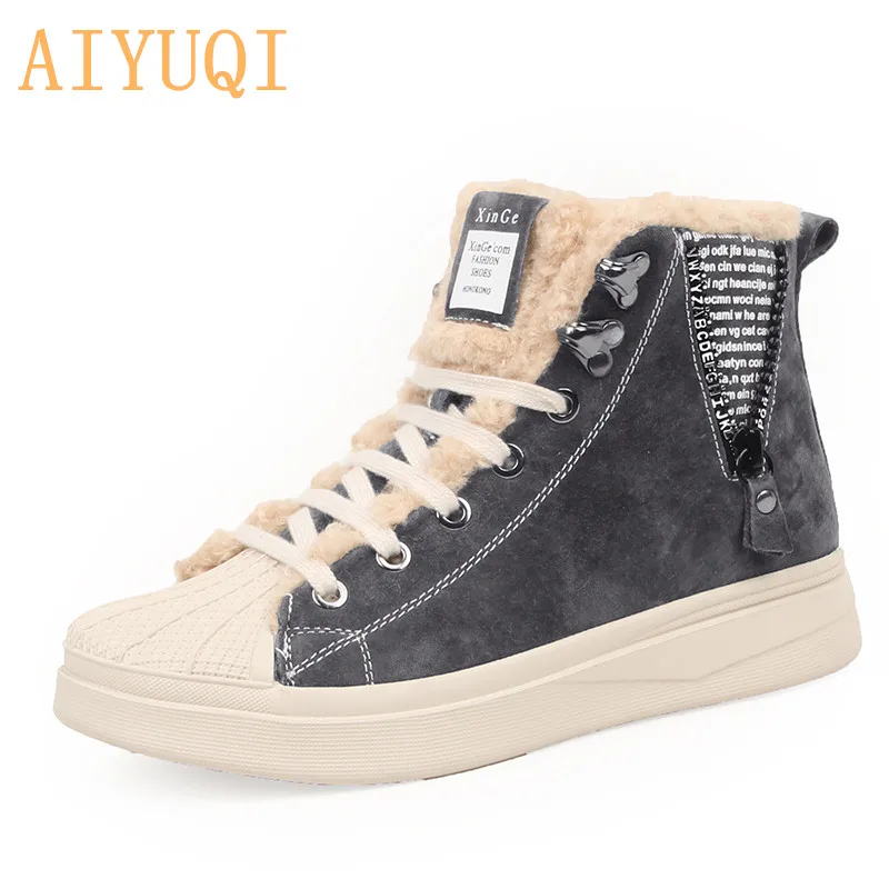 

AIYUQI Womens Winter Sneakers Genuine Leather Flat Casual Shoes Lace Up Ladies Winter Footwear