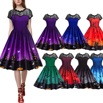 

2019 New Women Halloween Pumpkin Printed Vintage Sexy Short Sleeve Lace Stitching V Neck Casual Knee-Length Dress
