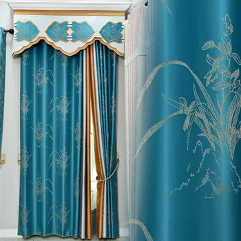 

New Chinese High Precision Artificial Silk Jacquard Black Silk Shading Blue Chinese Orchid Curtains for Living Room Bedroom