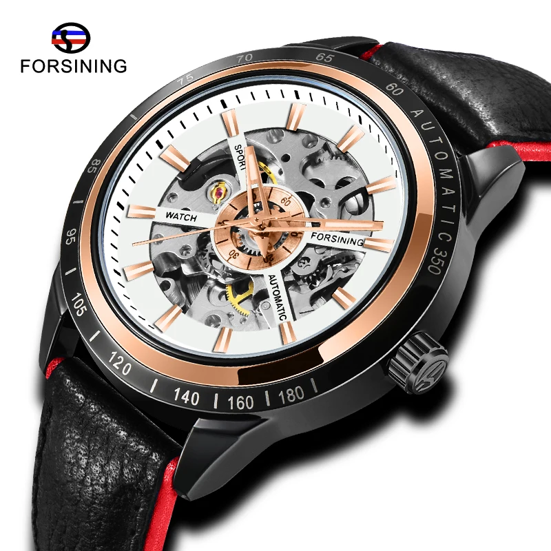 

Fashion FORSINING Racing Design Men Automatic Mechanical Watch Leather Belt Transparent Sport Top Brand Luxury Luminous Clock