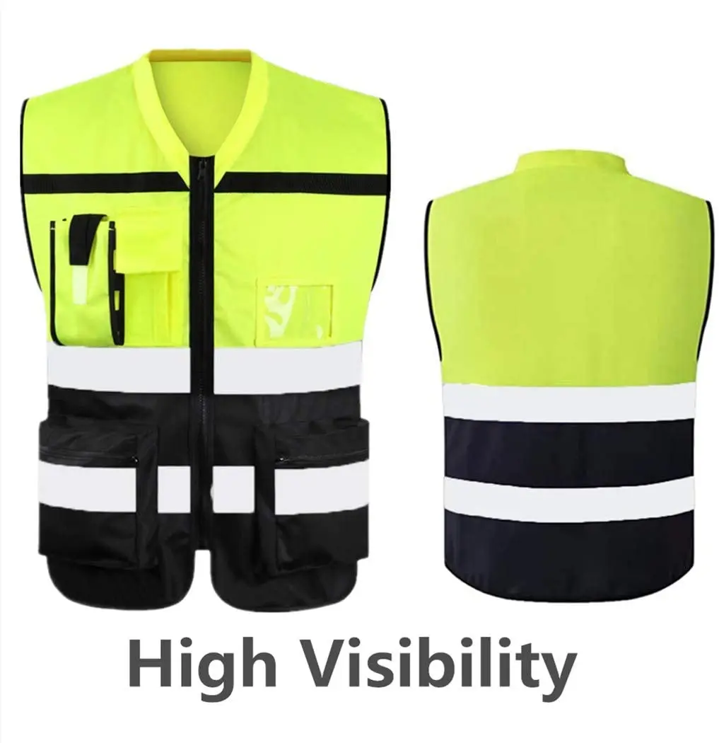 Safety Vest Class 2 High Visibility Fully Closure Zipper With Multi Function Pockets Reflective Strips Construction Outdoor Men