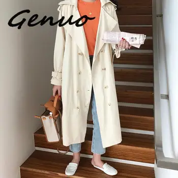 

Genuo New Women's Double-Breasted Trench Coat With Belt Classical Lapel Collar Loose Long Windbreaker Russia Style Chic Outwear