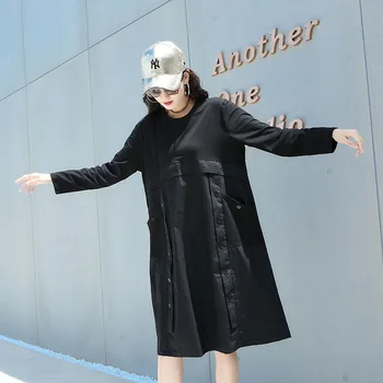 

ou huo Large Version Autumn New Style Mixed Colors Pocket Double Breasted Contrast Color Joint Crew Neck Short Sleeve Elegant A-