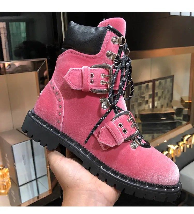 

Ankle Boots Rivets Embellished Shoes Woman Metal Belt Buckle Designer Woman Short Booties Heels Lace Up Autumn Winter Shoe Chic