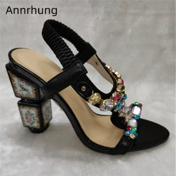 

Jeweled Elastic Band Gladiator Sandals Women Unique Printed Flower Square High Heels Rhinestone T-strap Party Shoes Woman
