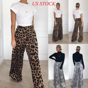 

USA High Quality Womens Long Length High Elastic Waist Leopard Plain Palazzo Wide Leg Flared Ladies Loose Trousers Pants