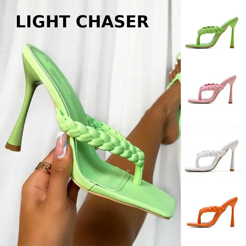 Summer Fashion Woven Candy-colored Flip-flops With Square Toe Sandals And Slippers Women's Open-toed Large Size Stiletto Heels