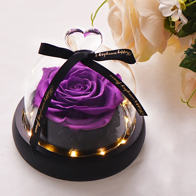 Real Puple Heart Dom Прямая поставка, красная роза в стеклянном куполе, светодиодный светильник с деревянной основой, подарок ко дню матери Святого Валентина - Цвет: Real Puple Heart Dom