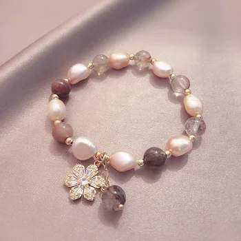

BOEYCJR Freshwater Pearl Flower Charm Bangles & Bracelets Jewelry Handmade Balot Elegant Pearl Bracelet for Women Gift