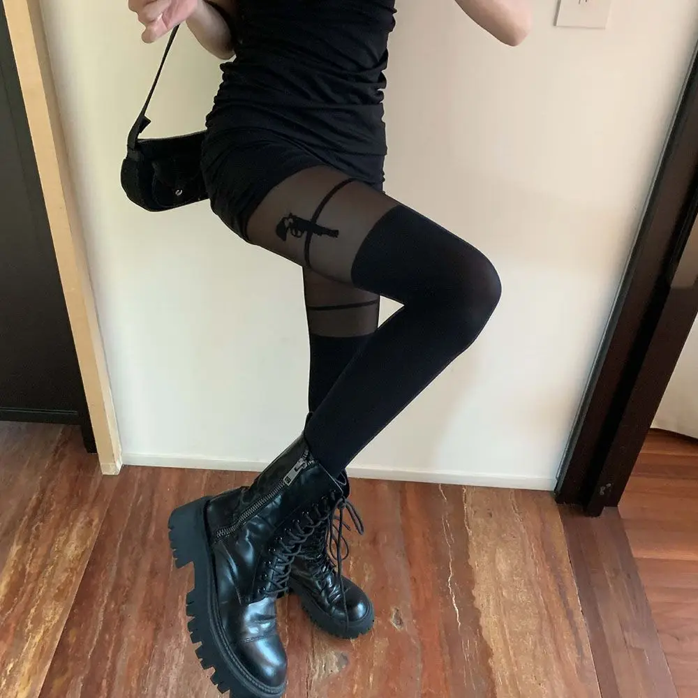 Gothic Tights Stockings for Women Sexy Nylons Pantyhose Pistol Suspenders Pattern Ladies Black Stockings