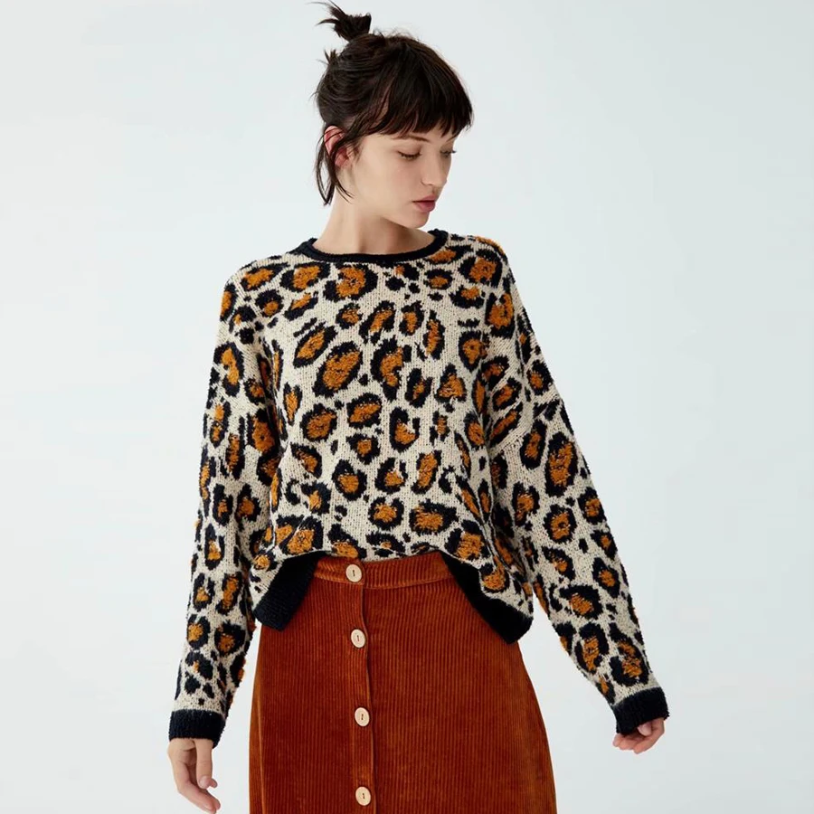 

KIYUMI Sweater Women Yellow Leopard Sweater Urgan Gypsy Tops For Woman 2019 New Autumn Winter Long Sleeve O-neck Casual Sweaters