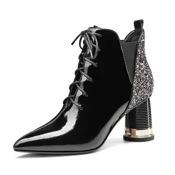 

Women Ankle Boots Pearl Pointed Toe High Heels Pumps Elegant Mixed Colors bling lace up Wedding Dancing Shoes Woman