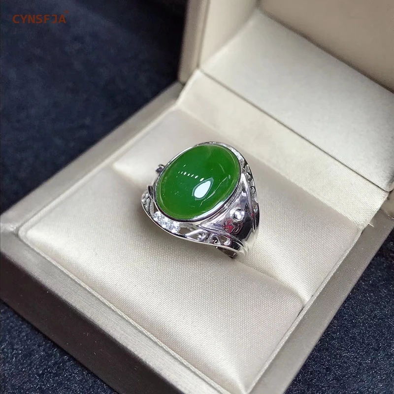 CYNSFJA настоящий Сертифицированный натуральный Хотан Jade Jasper инкрустированный 925 пробы Серебряный Мужской Амулет зеленый нефрит кольца регулируемые лучшие подарки