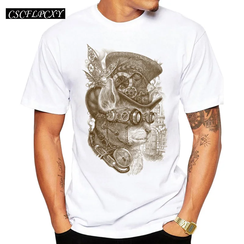 

2019 Men Summer T-Shirt Creative The Observer Cat Printed Men's Tops Short Sleeve Casual T Shirts