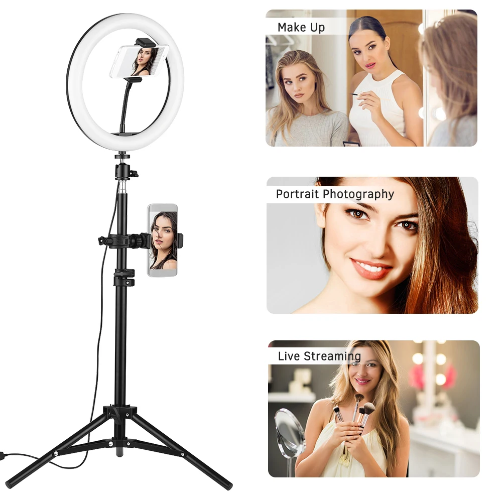 10 Inch LED Video Ring Light Lamp 3 Lighting Modes Dimmable USB Powered Phone Holder for YouTube Recording Selfie Ring Makeup