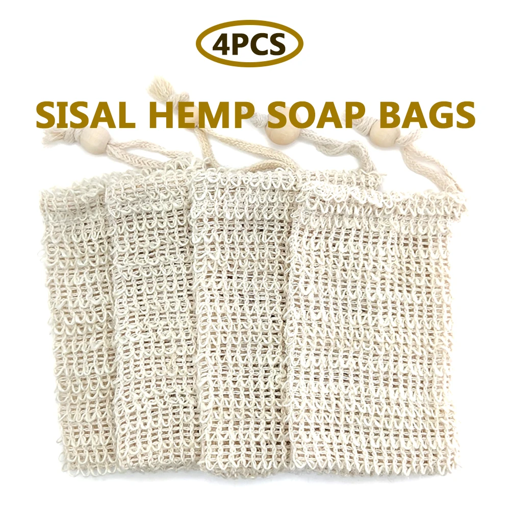Natural Sisal Soap Bag Exfoliating Soap Saver Pouch Holder Mesh Foaming 4pcs Net 