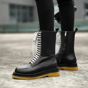 

Autumn Shoes Split Leather Riding Boots Women Flatform British Style Lace Up Ankle Botas Handsome Motorcycle Boots