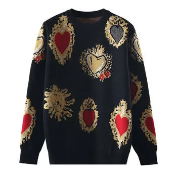 

2019 Winter Pullover Gem Heart Lurex Jacquard Knitwear Korean Loose Jumper harajuku Autumn Vintag High Quality Knitted Sweater