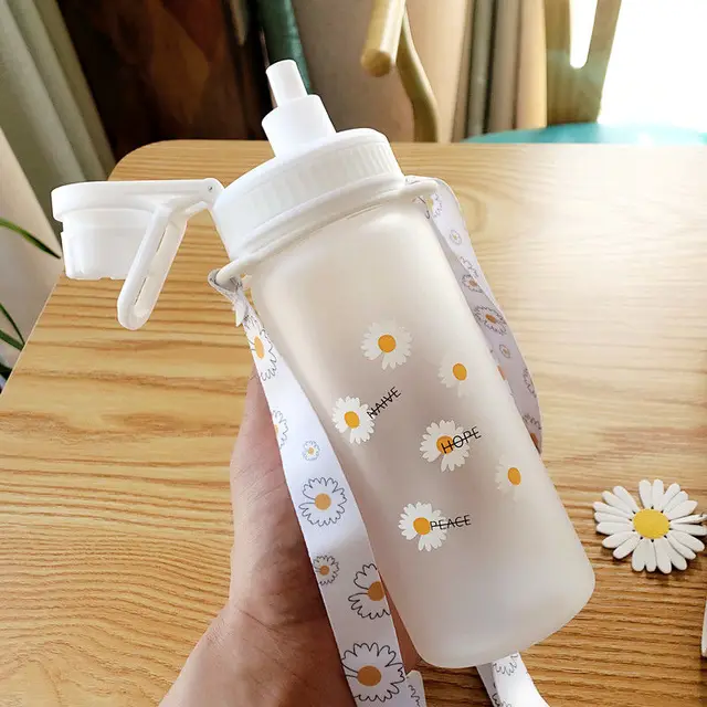 500ml Kawaii Small Daisies Milk Water Bottle With Straw Portable Leakproof Frosted Glass Fashion Cute Drinking Coffee Cup 2