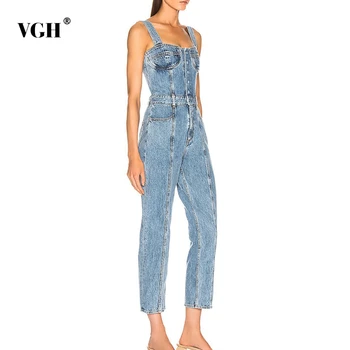 

VGH Elegant Denim Jumpsuits Female Square Collar Sleeveless Spaghetti Strap High Waist Romper Womens Jumpsuit Fashion Summer New