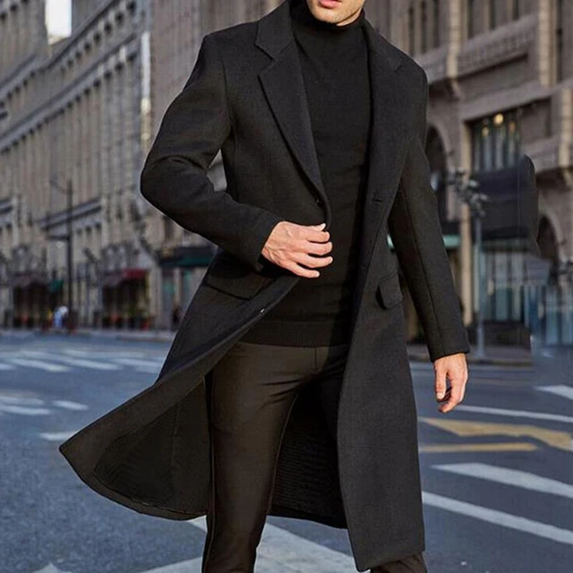 Abrigo de manga larga con botones para hombre, gabardina de longitud media,  Color sólido, estilo urbano, invierno, 40% - AliExpress